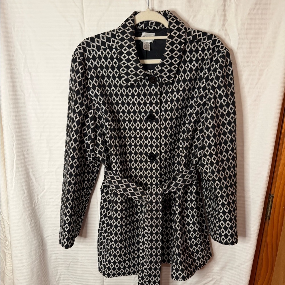 Chico's XL Black and White Diamond Trench Coat w Pockets and Fully Lined